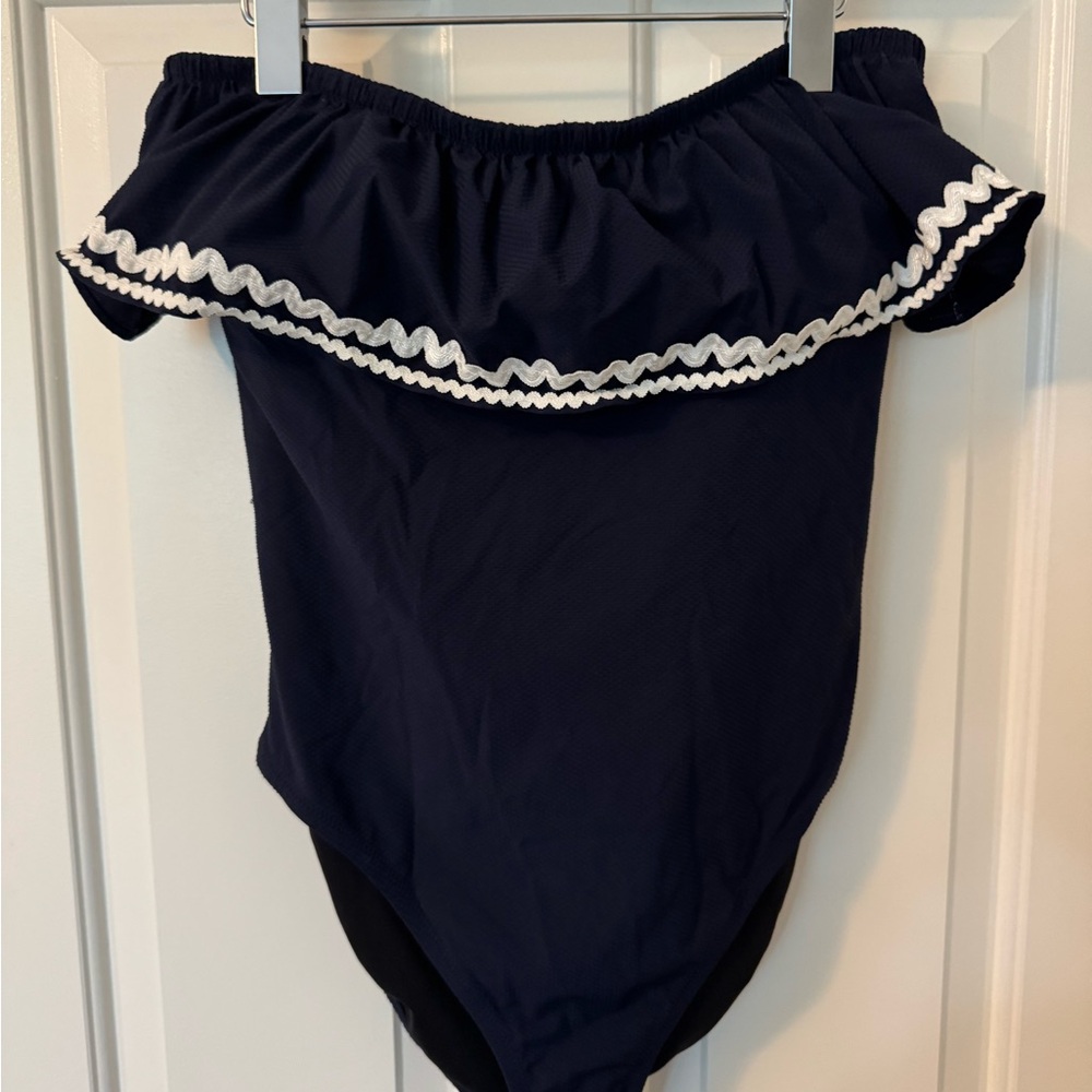 Navy Off-Shoulder Swimsuit with White Trim